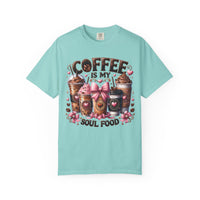Coffee Is My Soul Food, Iced Coffee, Pink Bow - Comfort Colors | Trendy Women's T-Shirt. Direct to Garment. Printed & Shipped in the USA. Unisex Sizes.