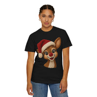 Cute Rudolph Faux Knit Look Reindeer w/Santa Hat - Comfort Colors | Trendy Women's T-Shirt. Direct to Garment. Printed & Shipped in the USA. Unisex Sizes.