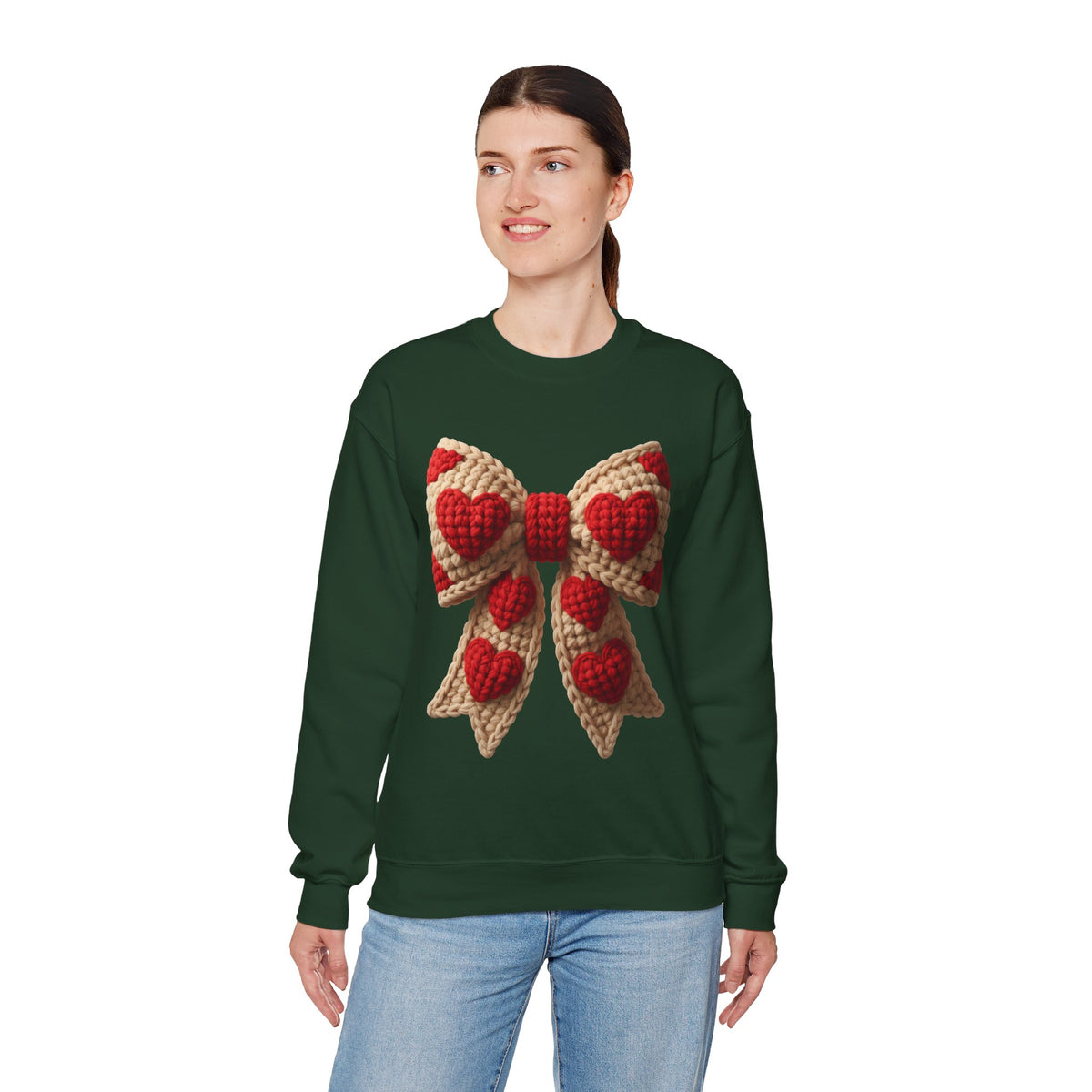Faux Crochet Valentine Bow – Gildan Heavy Blend | Trendy Women’s Soft Sweatshirt. Direct to Garment. Printed & Shipped in the USA. Unisex Sizes.