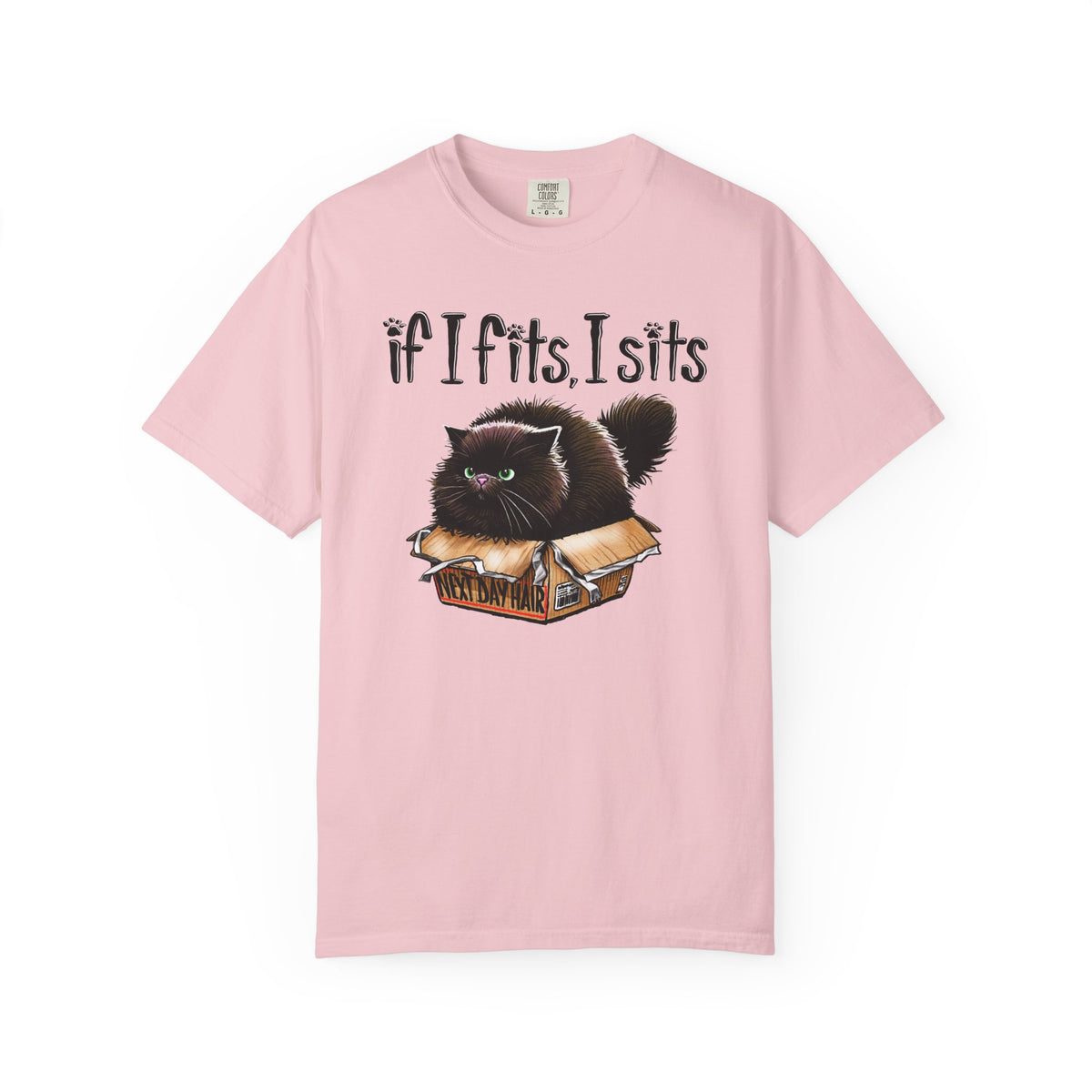 If I Fits I Sits, Cat in a Box - Comfort Colors | Trendy Women's and Men's T-Shirt. Direct to Garment. Printed & Shipped in the USA. Unisex Sizes.