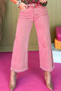 Dolly Pink Acid-Washed Cropped Wide Leg Jeans