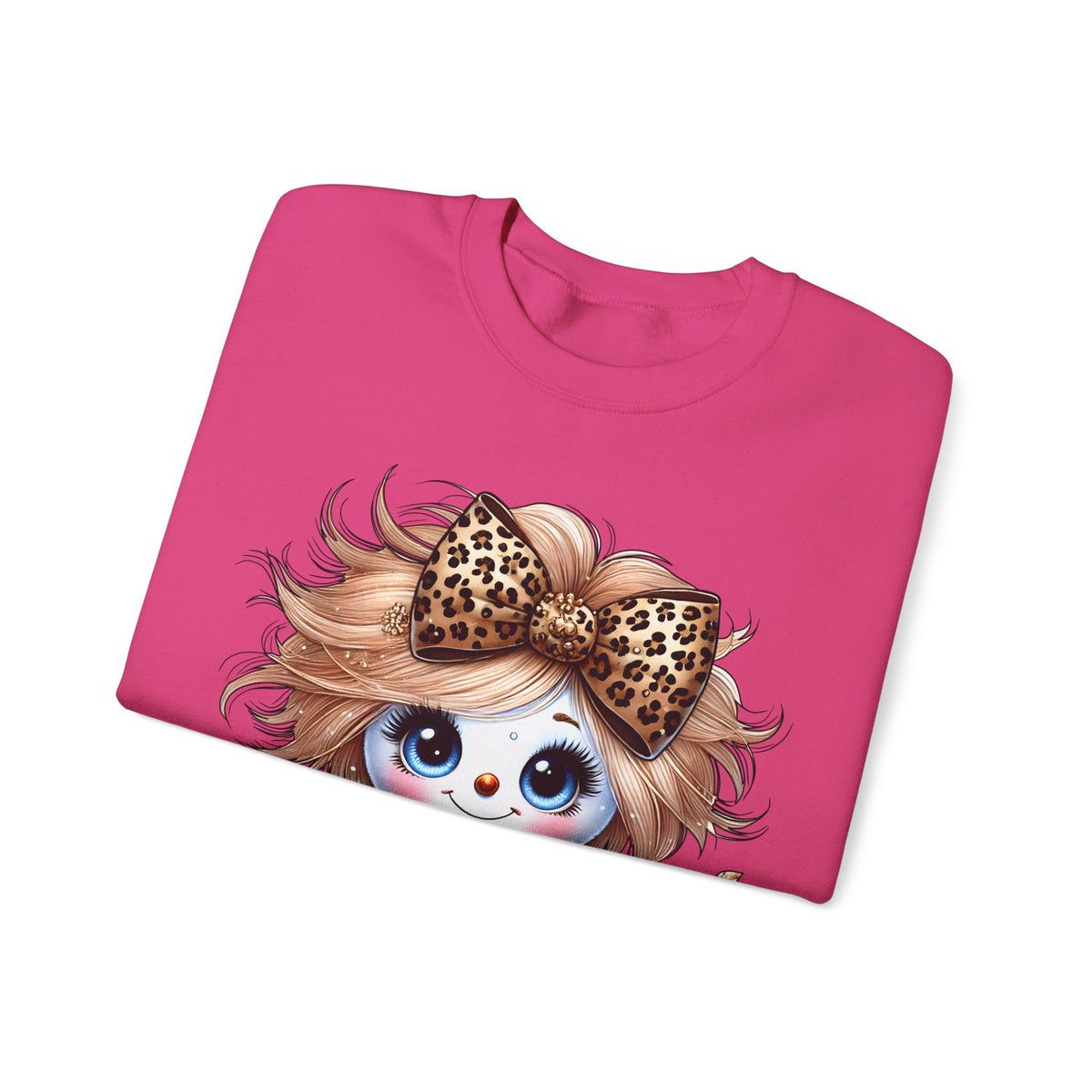 Snowgirl Cute Leopard Bow Snowman, Winter Cozy – Gildan Heavy Blend | Trendy Women’s Soft Sweatshirt. Direct to Garment. Printed & Shipped in the USA. Unisex Sizes.