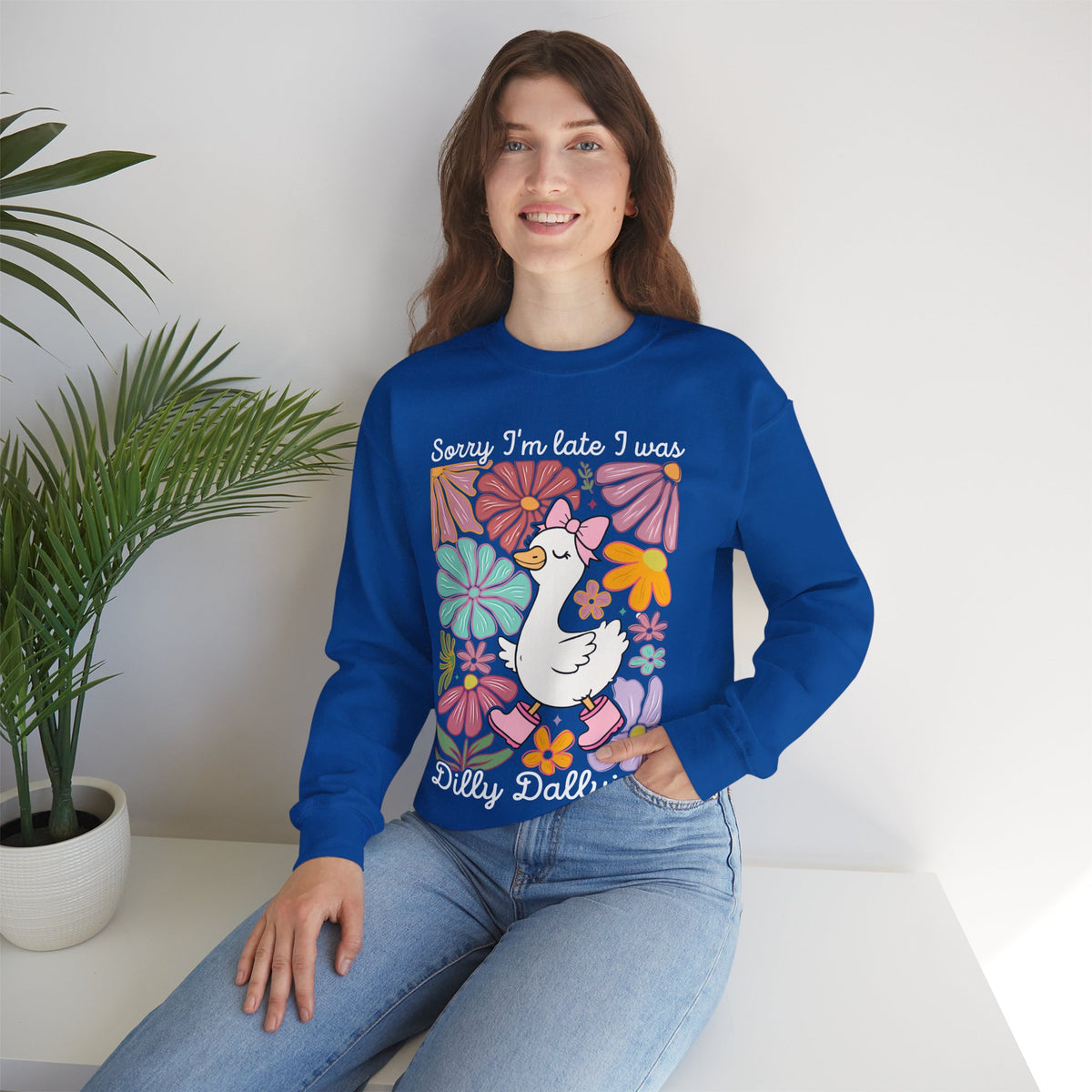 Sorry I'm Late I Was Dilly Dallying Cute Floral Duck – Gildan Heavy Blend | Trendy Women’s Soft Sweatshirt. Direct to Garment. Printed & Shipped in the USA. Unisex Sizes.