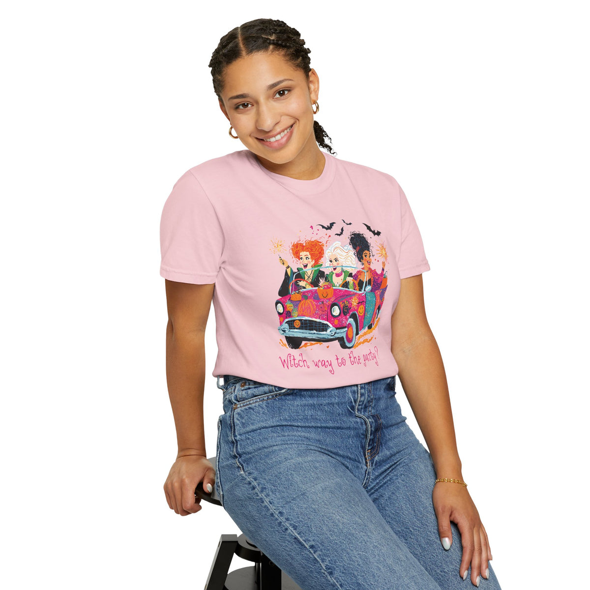 Witch Way to the Party? - Comfort Colors | Trendy Women's T-Shirt. Direct to Garment. Printed & Shipped in the USA. Unisex Sizes.