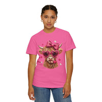 Highland Cow - Pink Heart Shaped Glasses - Comfort Colors | Trendy Women's T-Shirt. Direct to Garment. Printed & Shipped in the USA. Unisex Sizes.