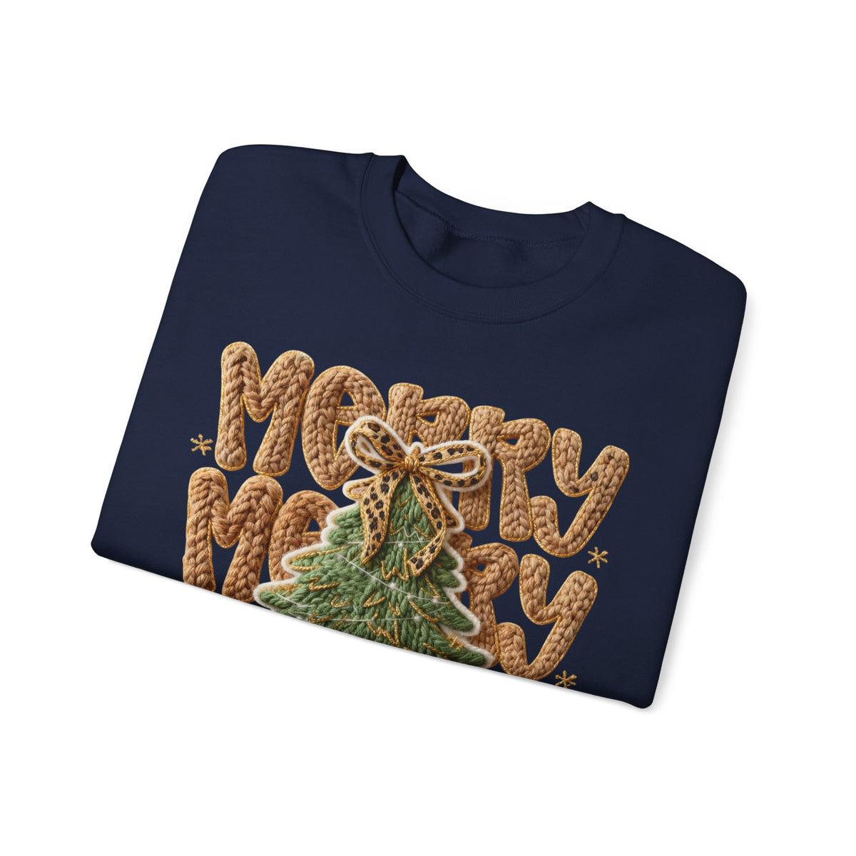 Merry Merry Merry Christmas, Faux Latch Hook Yarn – Gildan Heavy Blend | Trendy Women’s Soft Sweatshirt. Direct to Garment. Printed & Shipped in the USA. Unisex Sizes.