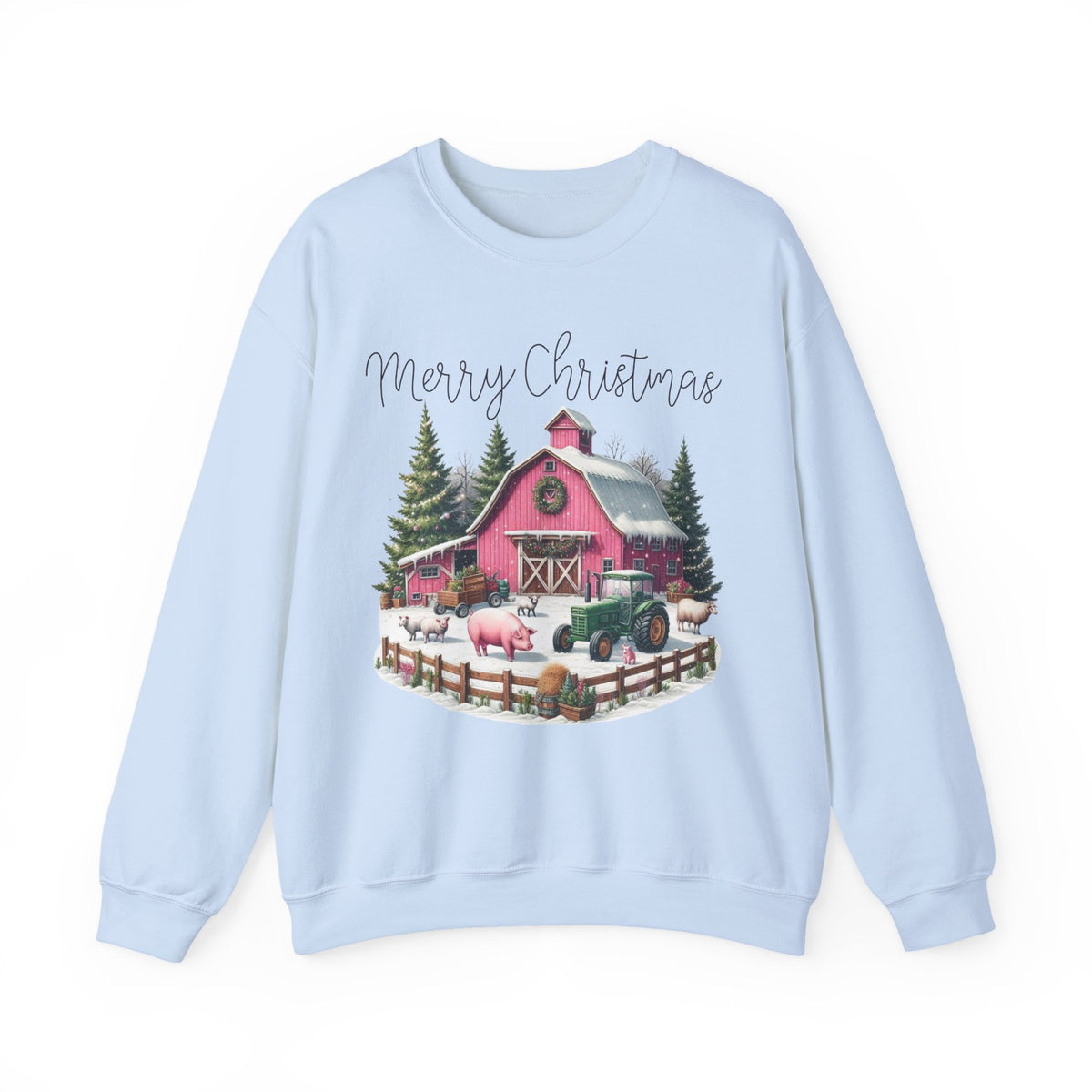 Merry Christmas Pink Barn Farm Animals – Gildan Heavy Blend | Trendy Women’s Soft Sweatshirt. Direct to Garment. Printed & Shipped in the USA. Unisex Sizes.
