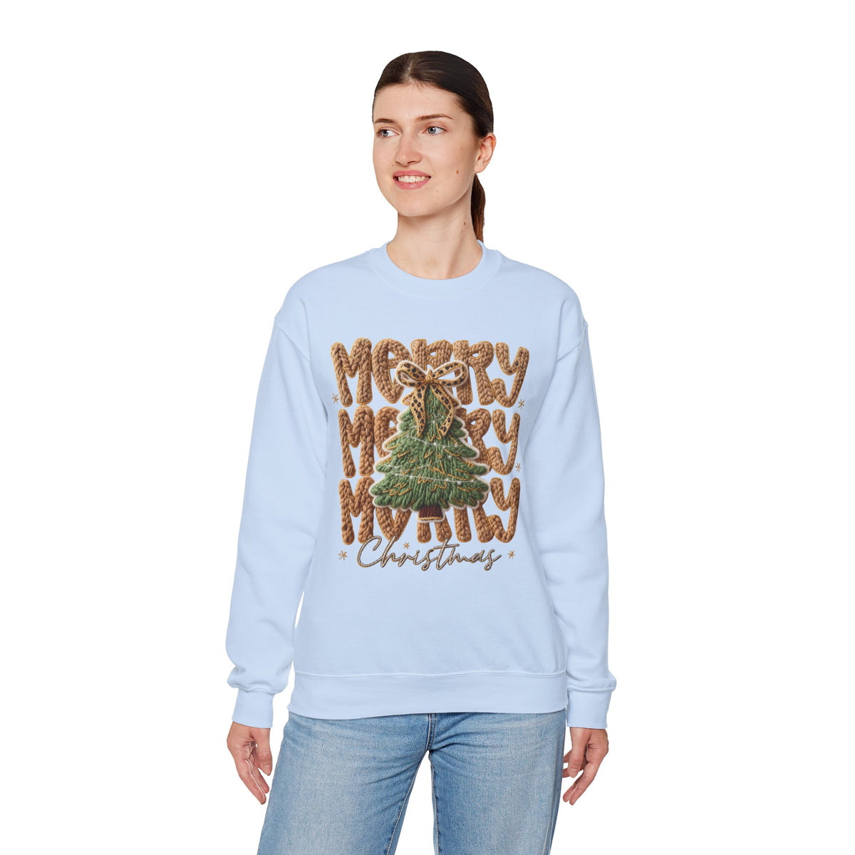Merry Merry Merry Christmas, Faux Latch Hook Yarn – Gildan Heavy Blend | Trendy Women’s Soft Sweatshirt. Direct to Garment. Printed & Shipped in the USA. Unisex Sizes.