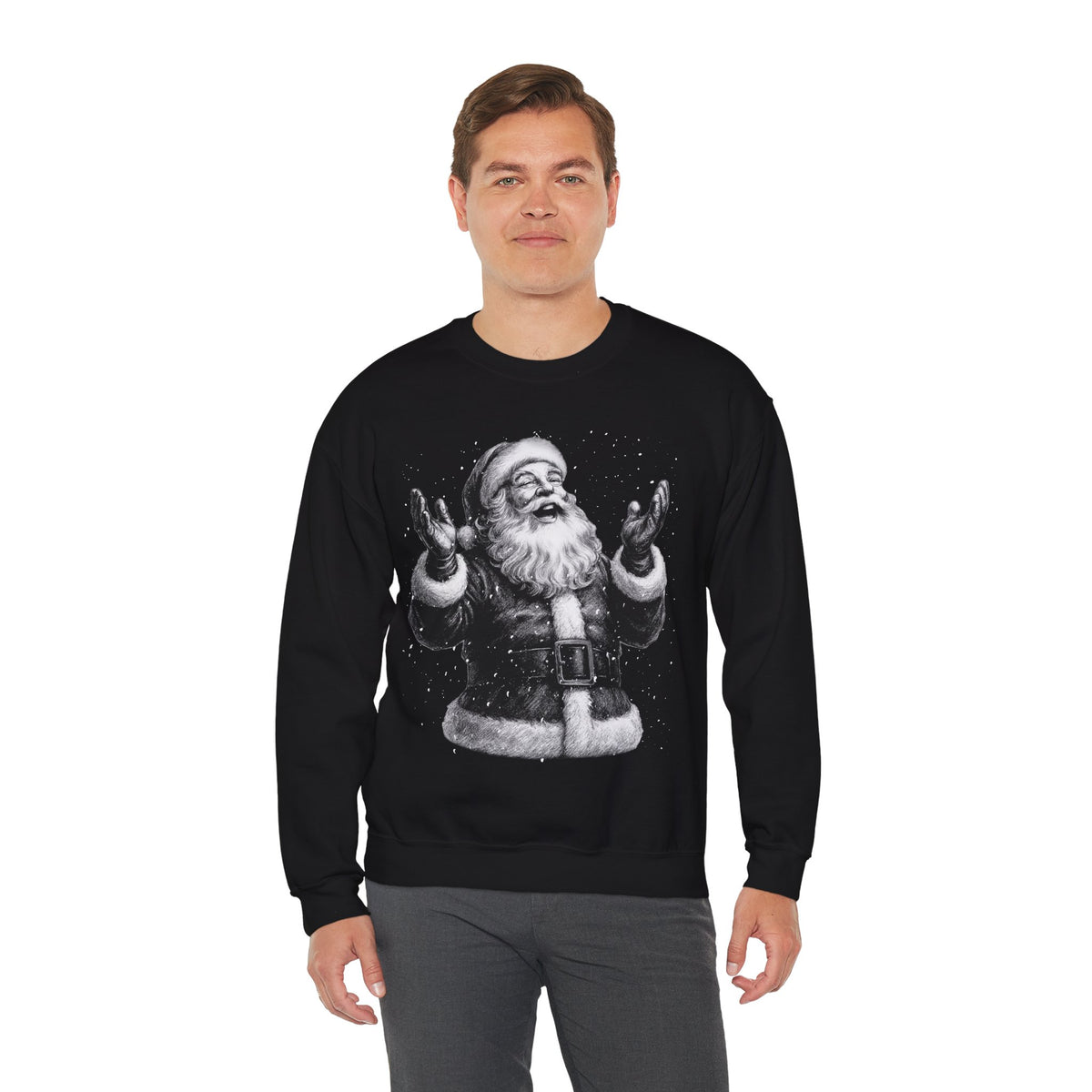 Joyful Santa - Black and White Vintage – Gildan Heavy Blend | Trendy Women’s and Men's Soft Sweatshirt. Direct to Garment. Printed & Shipped in the USA. Unisex Sizes.