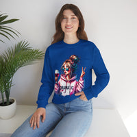 Dramatic Girl With Wine Messy Bun Peace Sign – Gildan Heavy Blend | Trendy Women’s Soft Sweatshirt. Direct to Garment. Printed & Shipped in the USA. Unisex Sizes.
