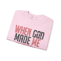 When God Made Me "This'll Be Fun" Christian Faith Distressed – Gildan Heavy Blend | Trendy Women’s and Men's Soft Sweatshirt. Direct to Garment. Printed & Shipped in the USA. Unisex Sizes.