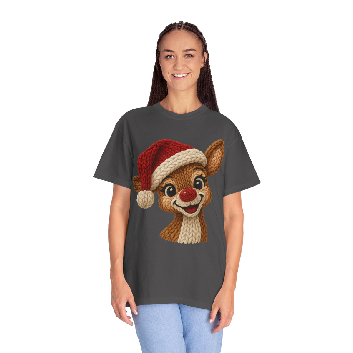 Cute Rudolph Faux Knit Look Reindeer w/Santa Hat - Comfort Colors | Trendy Women's T-Shirt. Direct to Garment. Printed & Shipped in the USA. Unisex Sizes.
