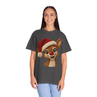Cute Rudolph Faux Knit Look Reindeer w/Santa Hat - Comfort Colors | Trendy Women's T-Shirt. Direct to Garment. Printed & Shipped in the USA. Unisex Sizes.