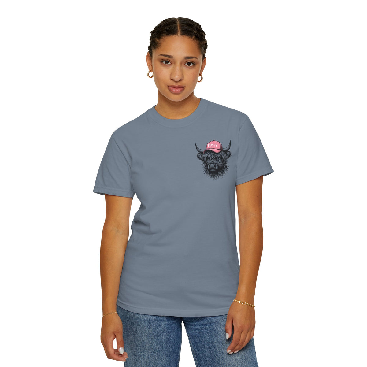 Head Heffa Highland Cow, Front & Back Print - Comfort Colors | Trendy Women's T-Shirt. Direct to Garment. Printed & Shipped in the USA. Unisex Sizes.