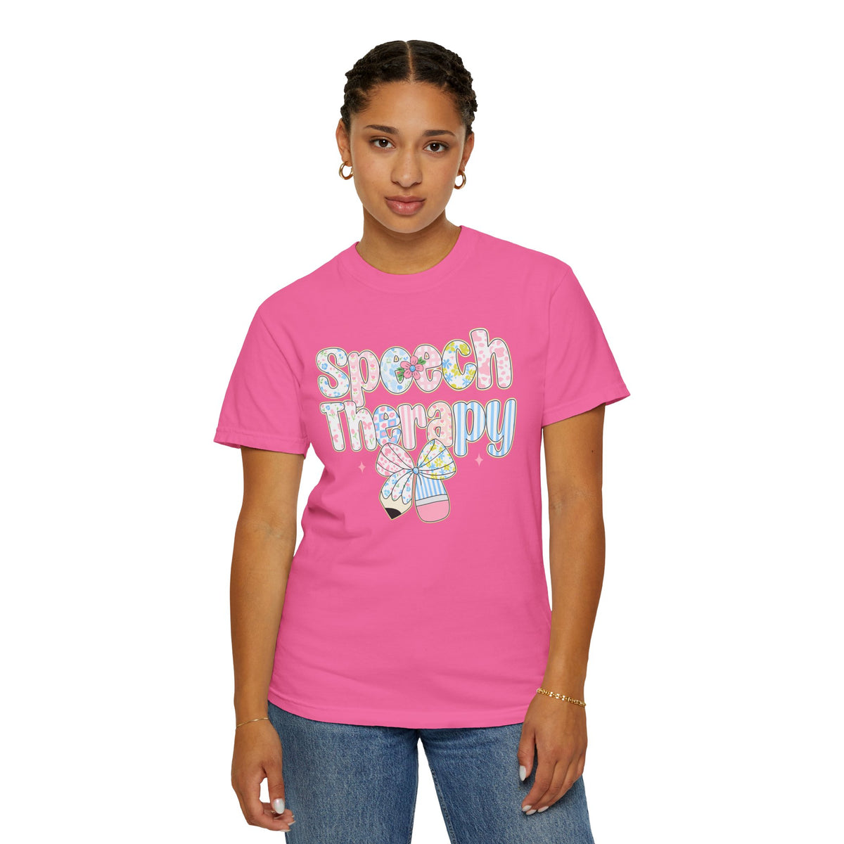 Speech Therapy - Pink Blue Coquette - Comfort Colors | Trendy Women's T-Shirt. Direct to Garment. Printed & Shipped in the USA. Unisex Sizes.