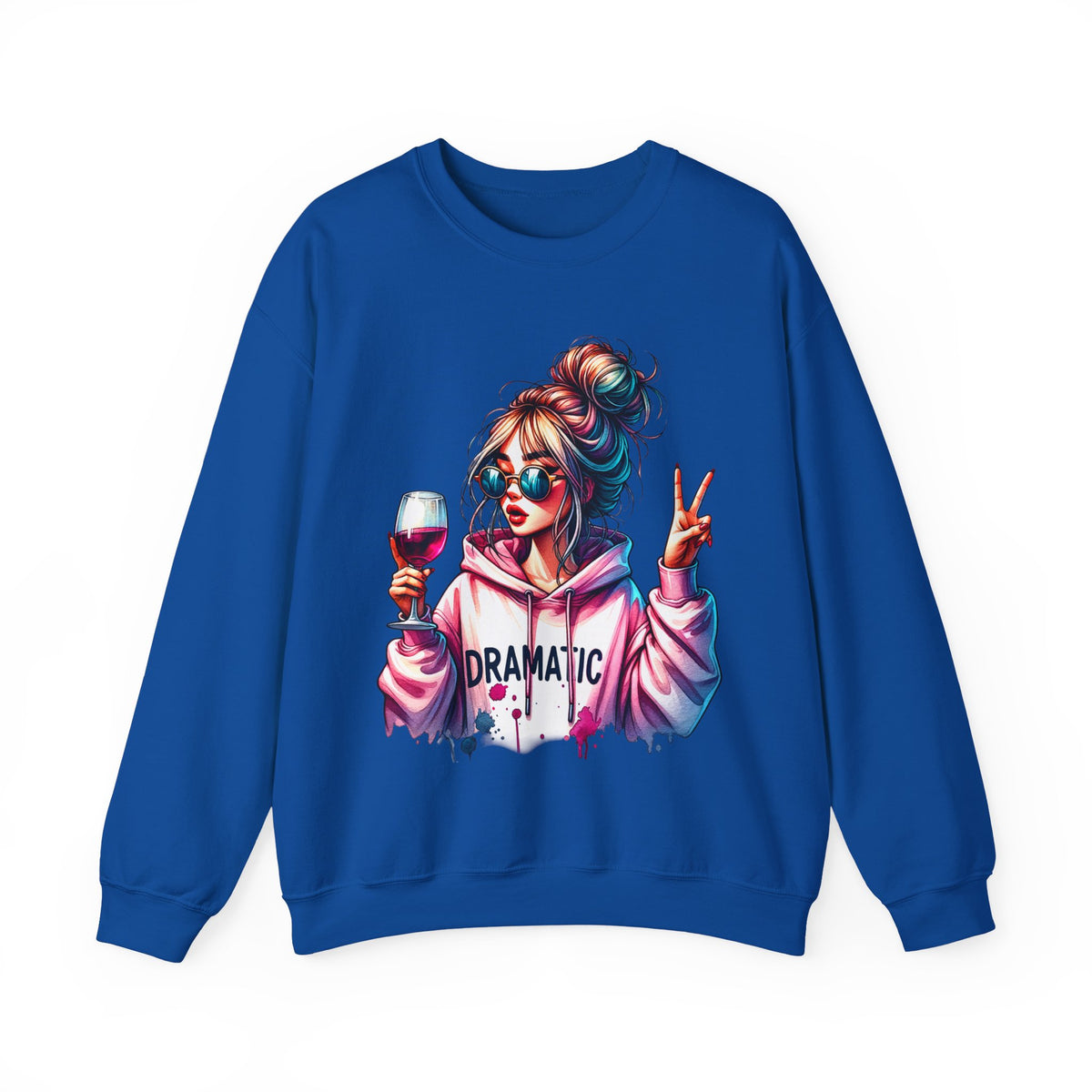 Dramatic Girl With Wine Messy Bun Peace Sign – Gildan Heavy Blend | Trendy Women’s Soft Sweatshirt. Direct to Garment. Printed & Shipped in the USA. Unisex Sizes.