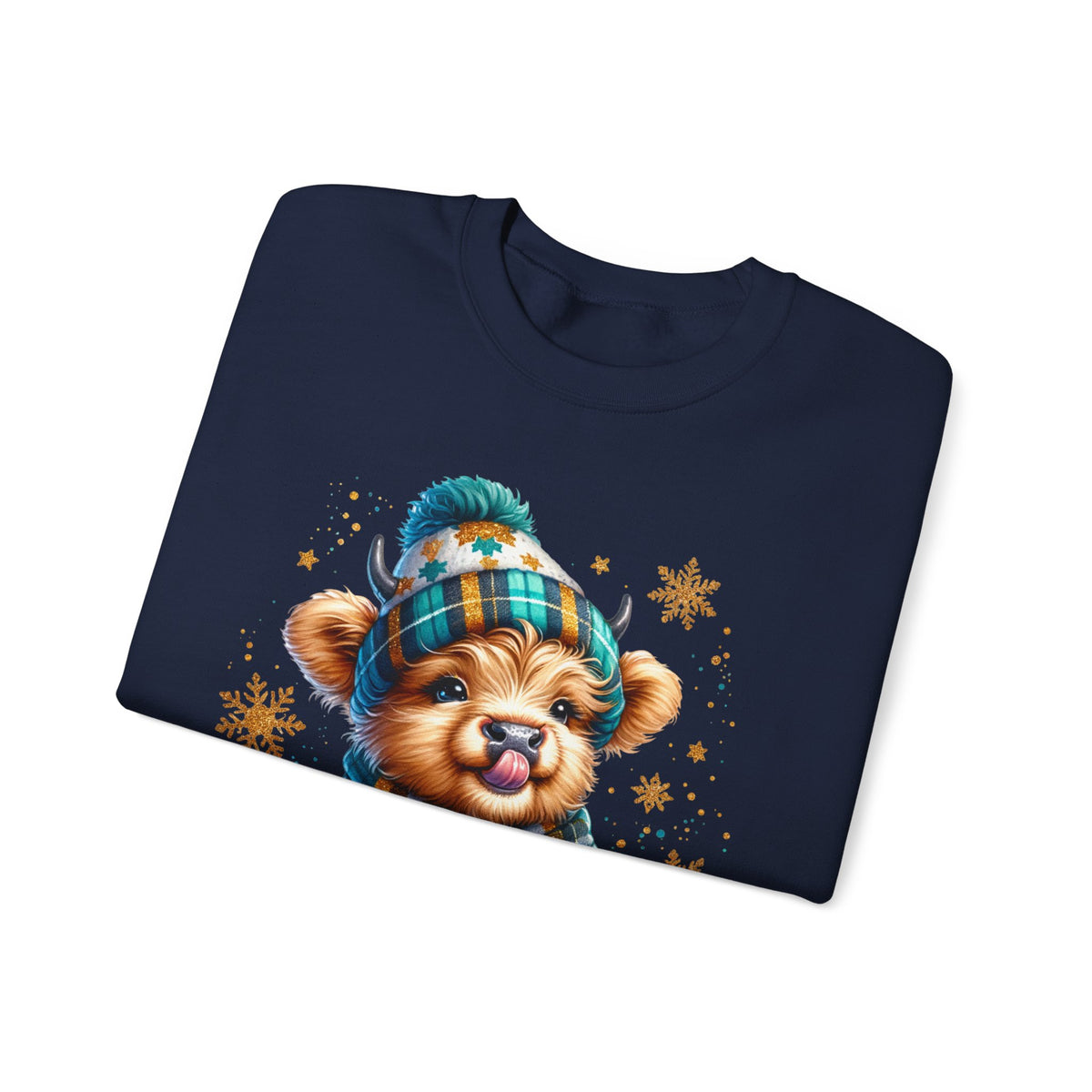 Winter Baby Highland Cow with Cocoa – Gildan Heavy Blend | Trendy Women’s Soft Sweatshirt. Direct to Garment. Printed & Shipped in the USA. Unisex Sizes.