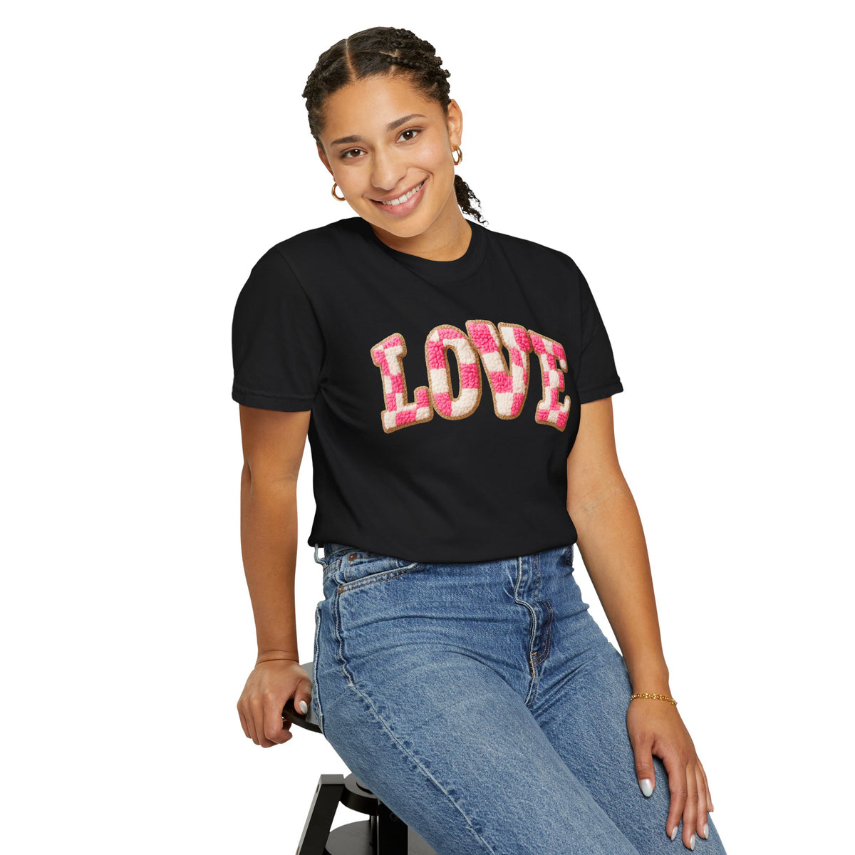 Faux Crochet Checkered LOVE - Comfort Colors | Trendy Women's T-Shirt. Direct to Garment. Printed & Shipped in the USA. Unisex Sizes.
