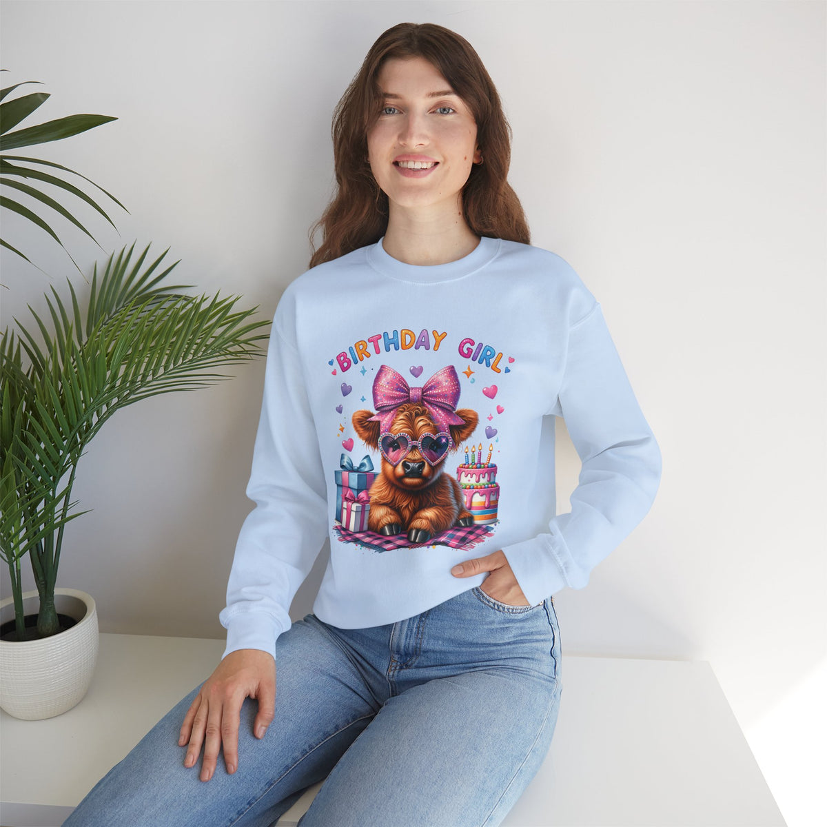 Birthday Girl, Highland Cow – Gildan Heavy Blend | Trendy Women’s Soft Sweatshirt. Direct to Garment. Printed & Shipped in the USA. Unisex Sizes.