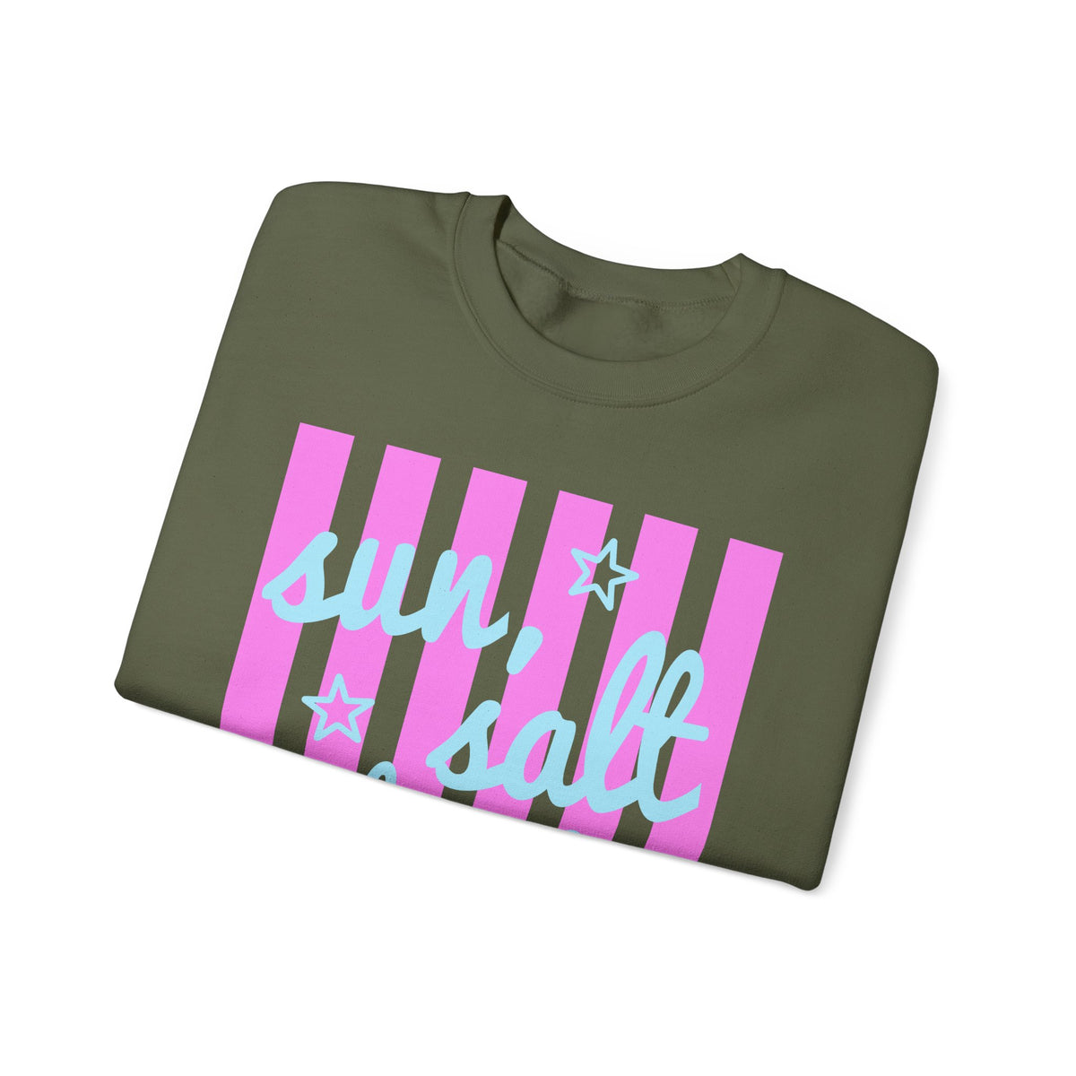 Sun, Salt and Sand – Gildan Heavy Blend | Trendy Women’s Soft Sweatshirt. Direct to Garment. Printed & Shipped in the USA. Unisex Sizes.