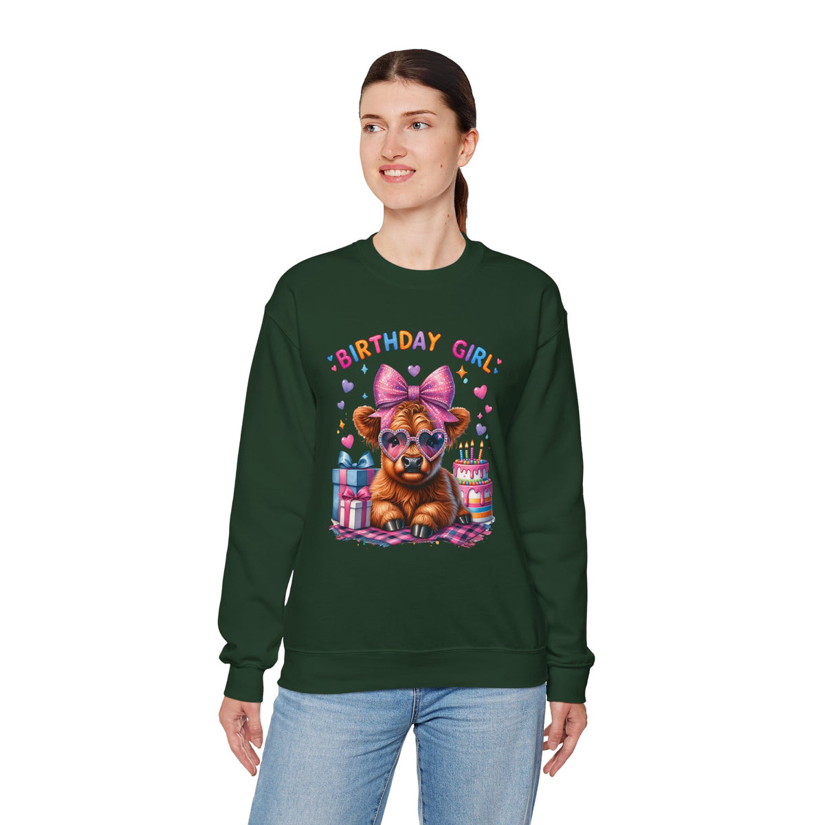 Birthday Girl, Highland Cow – Gildan Heavy Blend | Trendy Women’s Soft Sweatshirt. Direct to Garment. Printed & Shipped in the USA. Unisex Sizes.