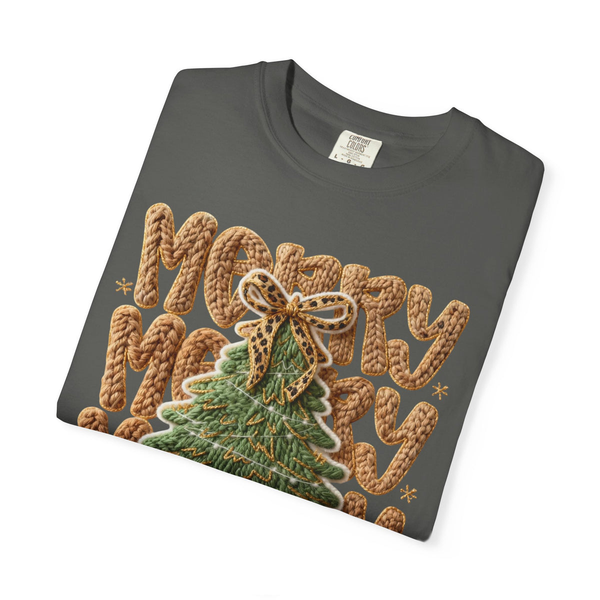 Merry Merry Merry Christmas, Faux Latch Hook Yarn - Comfort Colors | Trendy Women's T-Shirt. Direct to Garment. Printed & Shipped in the USA. Unisex Sizes.