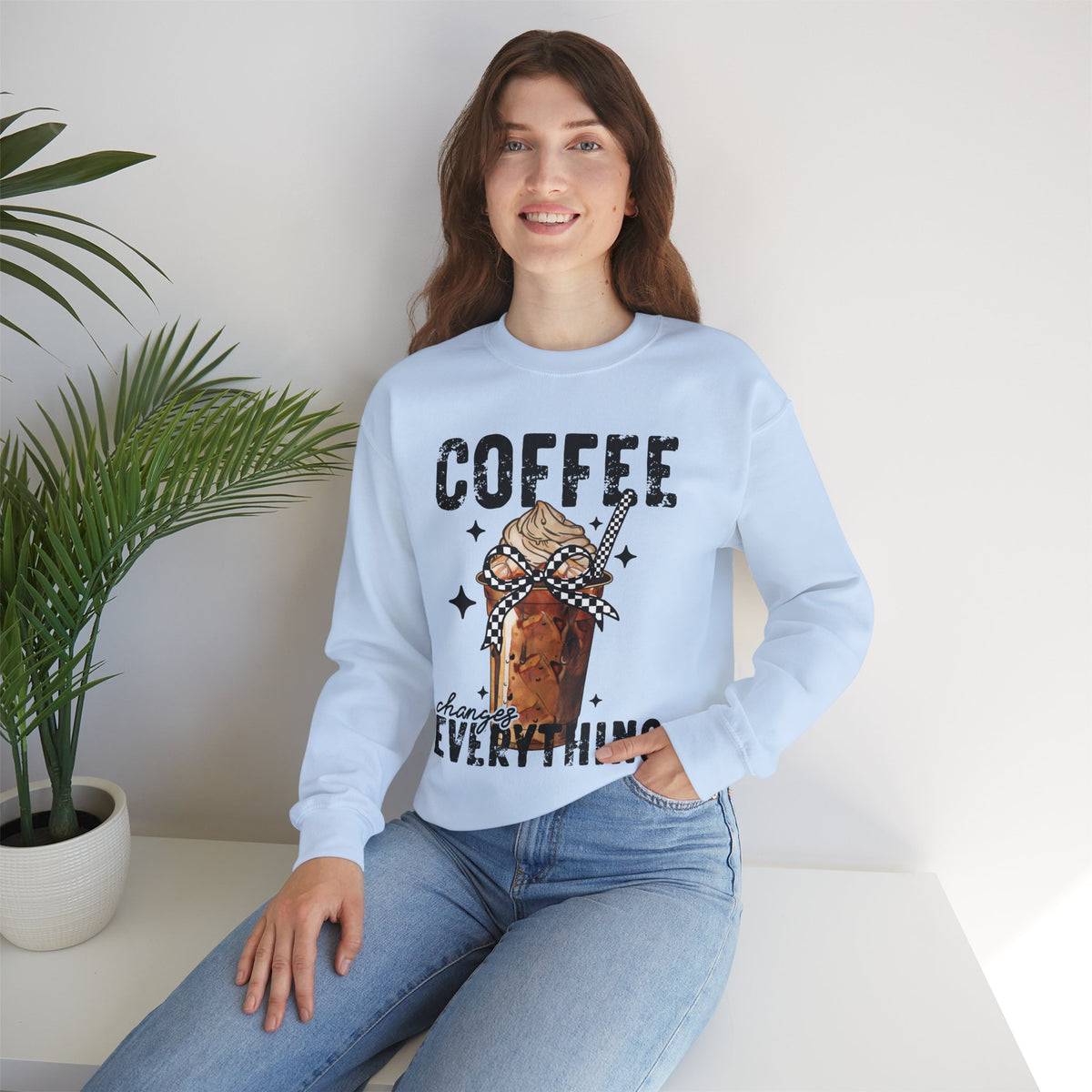 Coffee Changes Everything, Iced Coffee, Coffee Lovers – Gildan Heavy Blend | Trendy Women’s Soft Sweatshirt. Direct to Garment. Printed & Shipped in the USA. Unisex Sizes.
