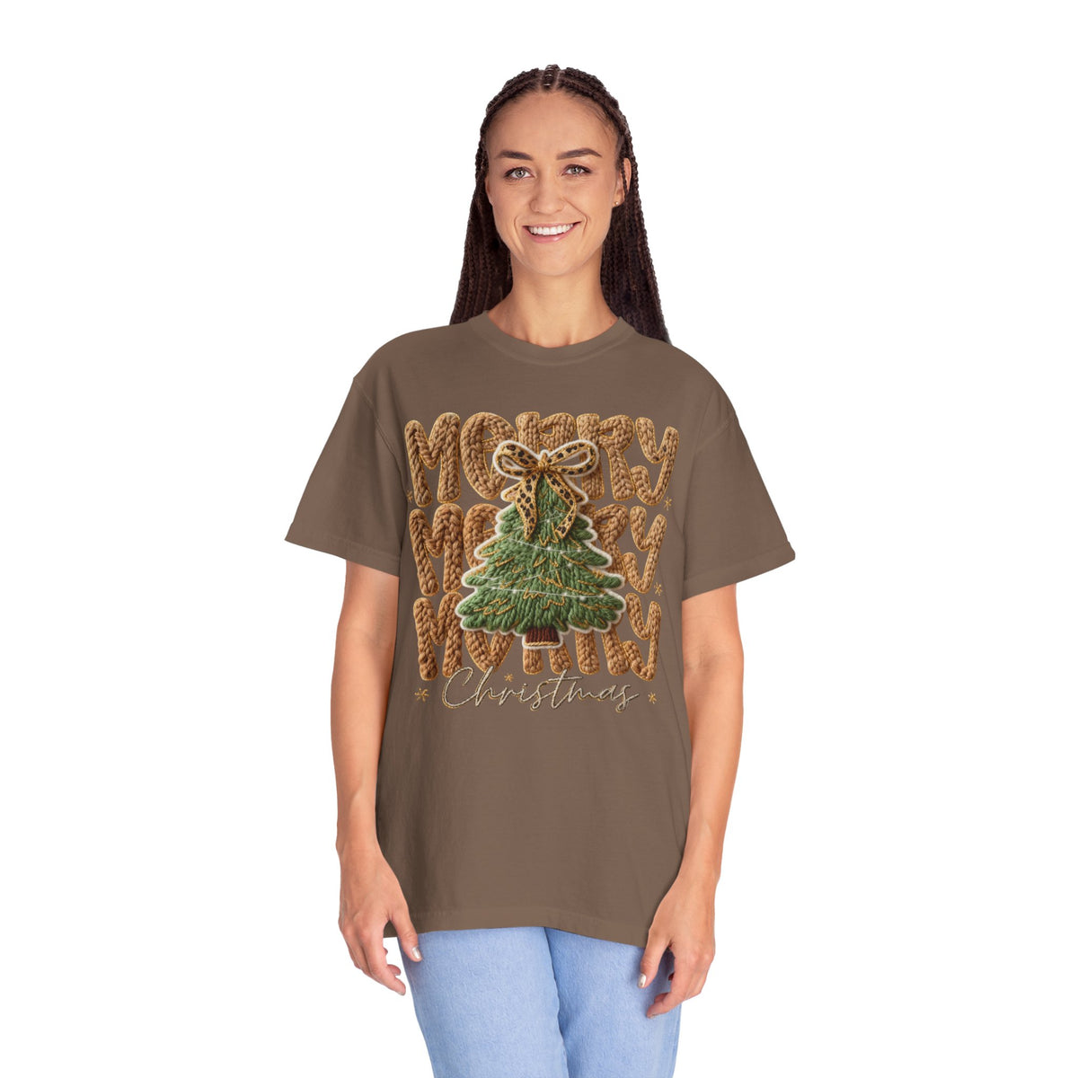 Merry Merry Merry Christmas, Faux Latch Hook Yarn - Comfort Colors | Trendy Women's T-Shirt. Direct to Garment. Printed & Shipped in the USA. Unisex Sizes.