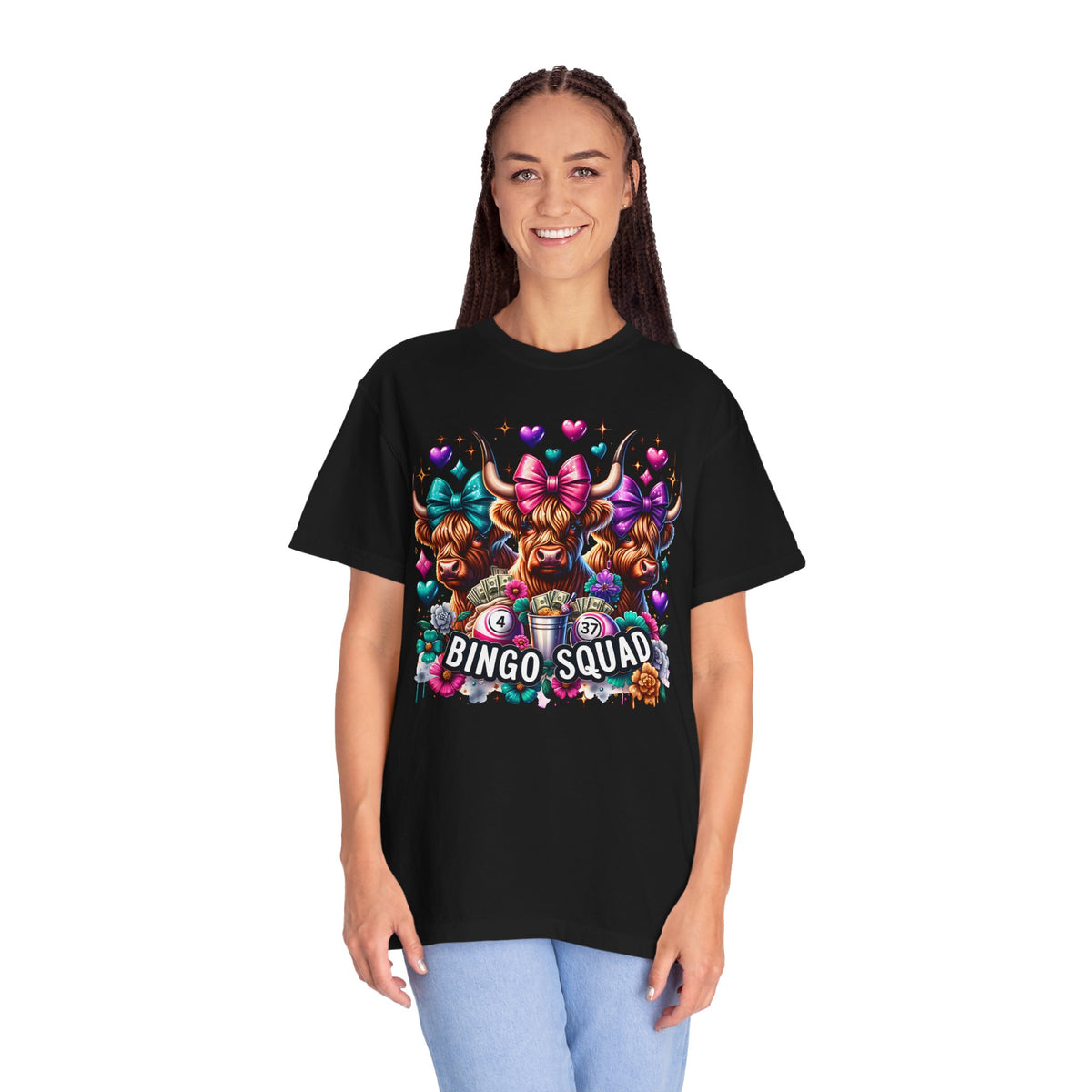 Cute Highland Cows Bingo Squad - Comfort Colors | Trendy Women's T-Shirt. Direct to Garment. Printed & Shipped in the USA. Unisex Sizes.