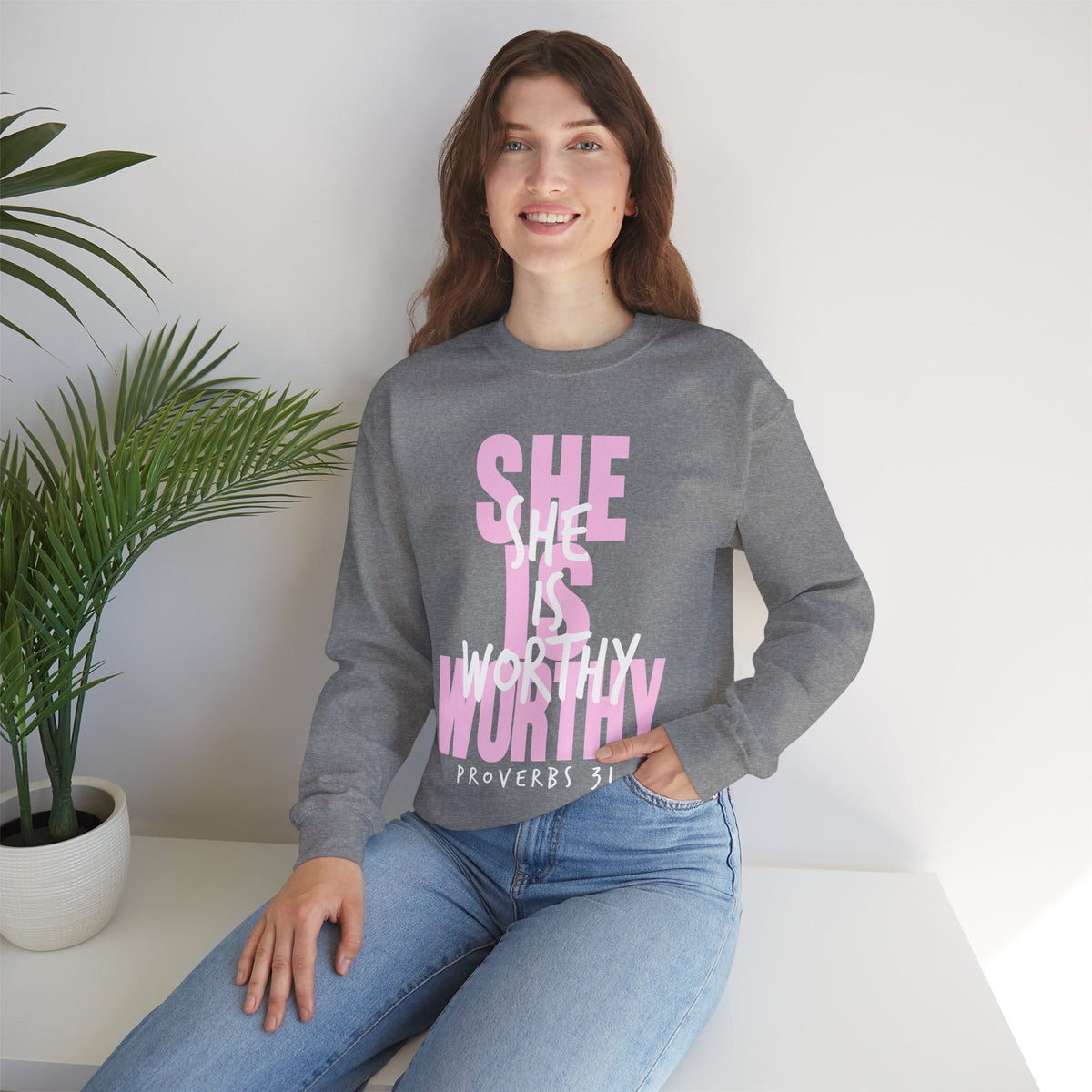 She Is Worthy – Gildan Heavy Blend | Trendy Women’s Soft Sweatshirt. Direct to Garment. Printed & Shipped in the USA. Unisex Sizes.