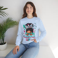 Phlebotomist Life, Messy Bun – Gildan Heavy Blend | Trendy Women’s Soft Sweatshirt. Direct to Garment. Printed & Shipped in the USA. Unisex Sizes.