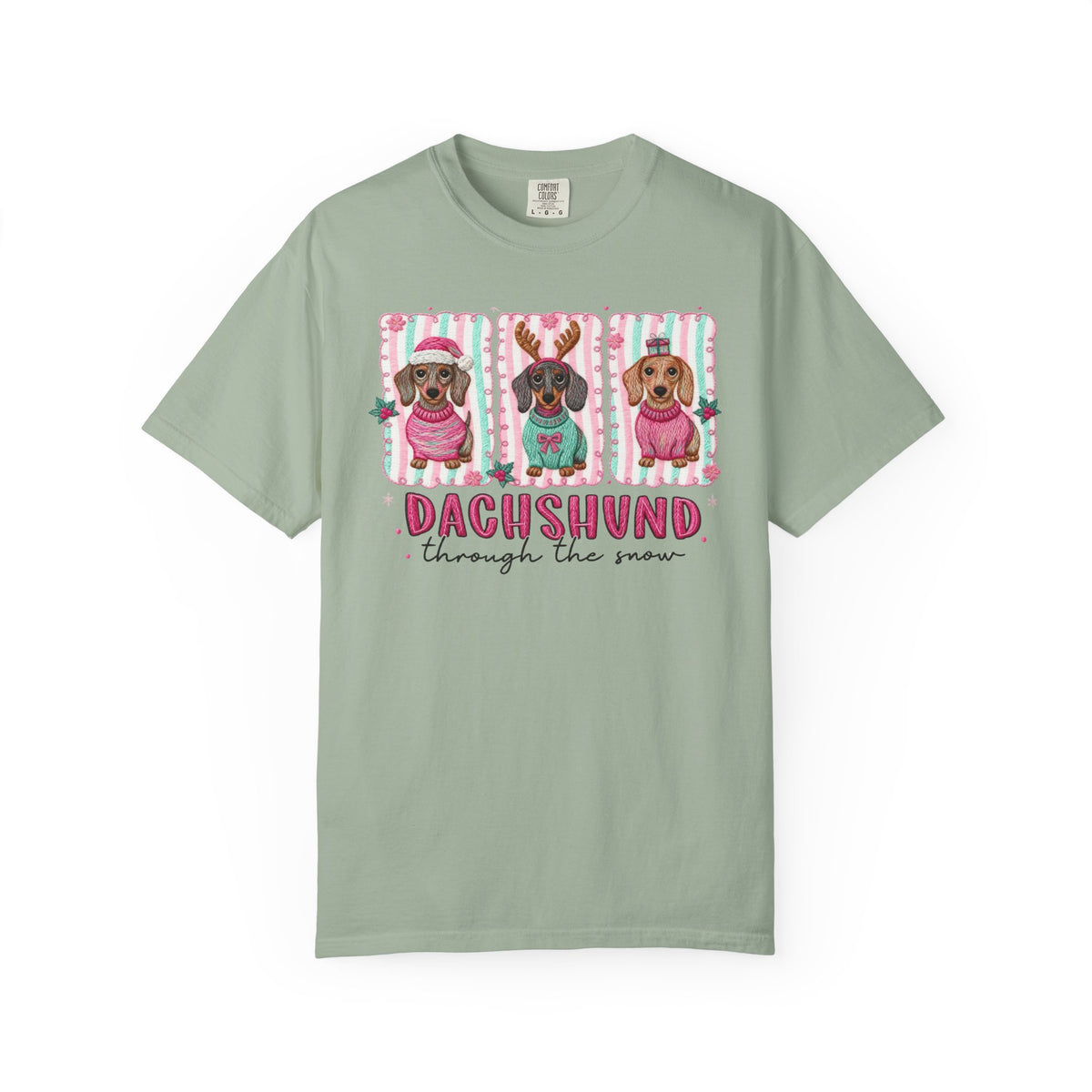 Dachshund Through the Snow - Comfort Colors | Trendy Women's T-Shirt. Direct to Garment. Printed & Shipped in the USA. Unisex Sizes.