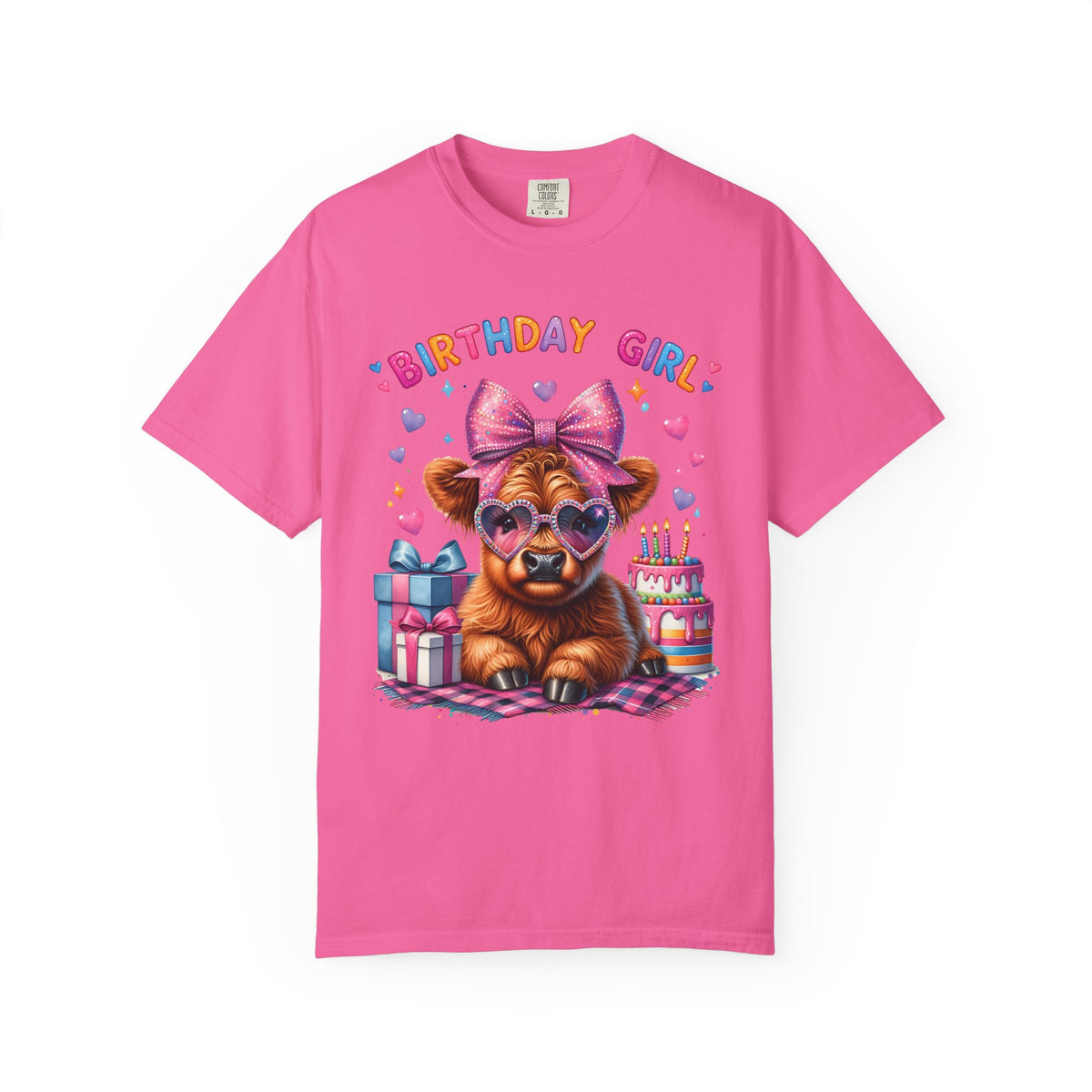 Birthday Girl, Highland Cow - Comfort Colors | Trendy Women's T-Shirt. Direct to Garment. Printed & Shipped in the USA. Unisex Sizes.