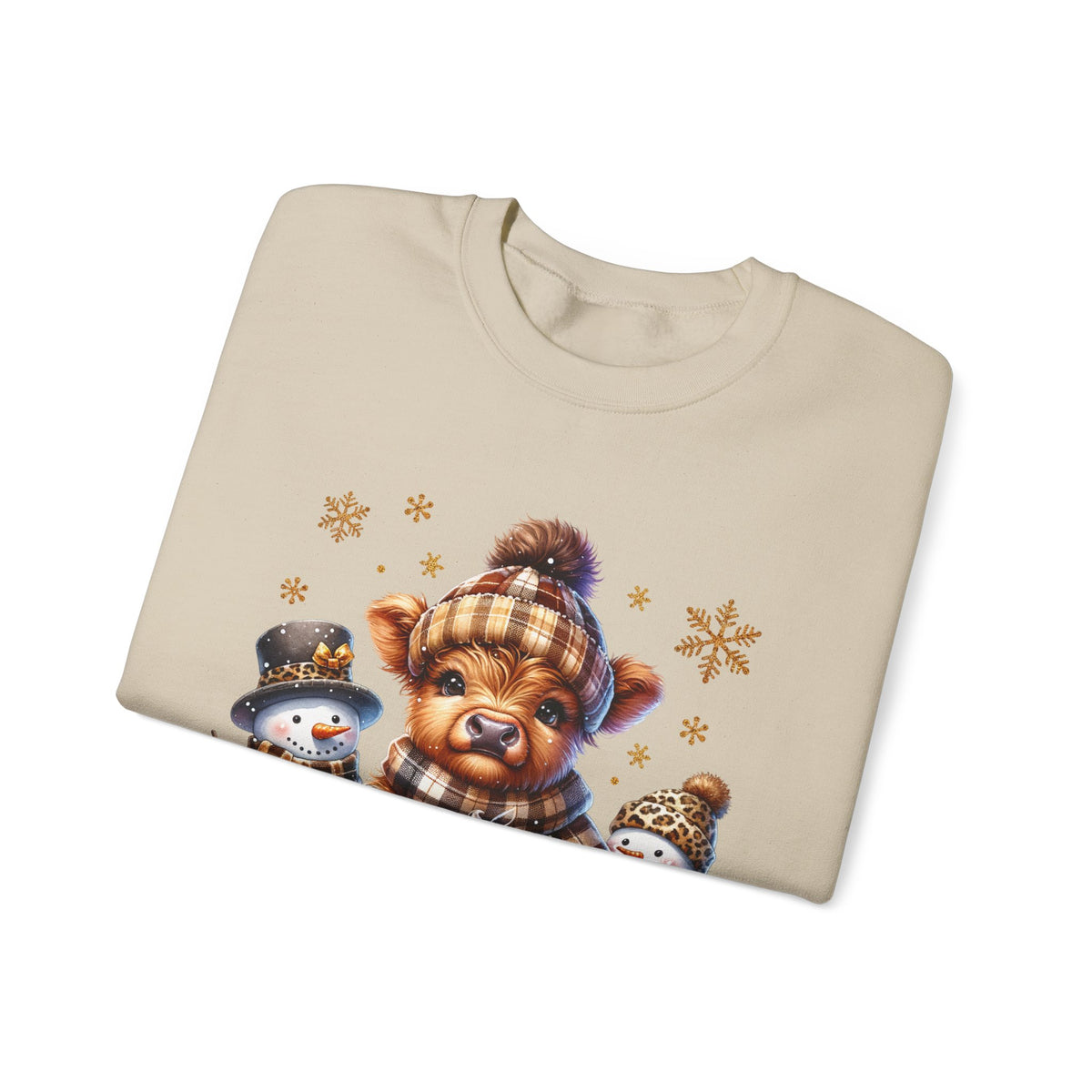 Cute Highland Cow with Snowmen, Winter – Gildan Heavy Blend | Trendy Women’s Soft Sweatshirt. Direct to Garment. Printed & Shipped in the USA. Unisex Sizes.