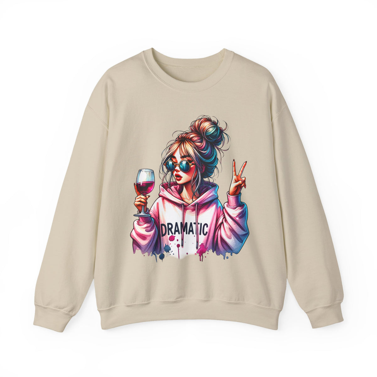 Dramatic Girl With Wine Messy Bun Peace Sign – Gildan Heavy Blend | Trendy Women’s Soft Sweatshirt. Direct to Garment. Printed & Shipped in the USA. Unisex Sizes.