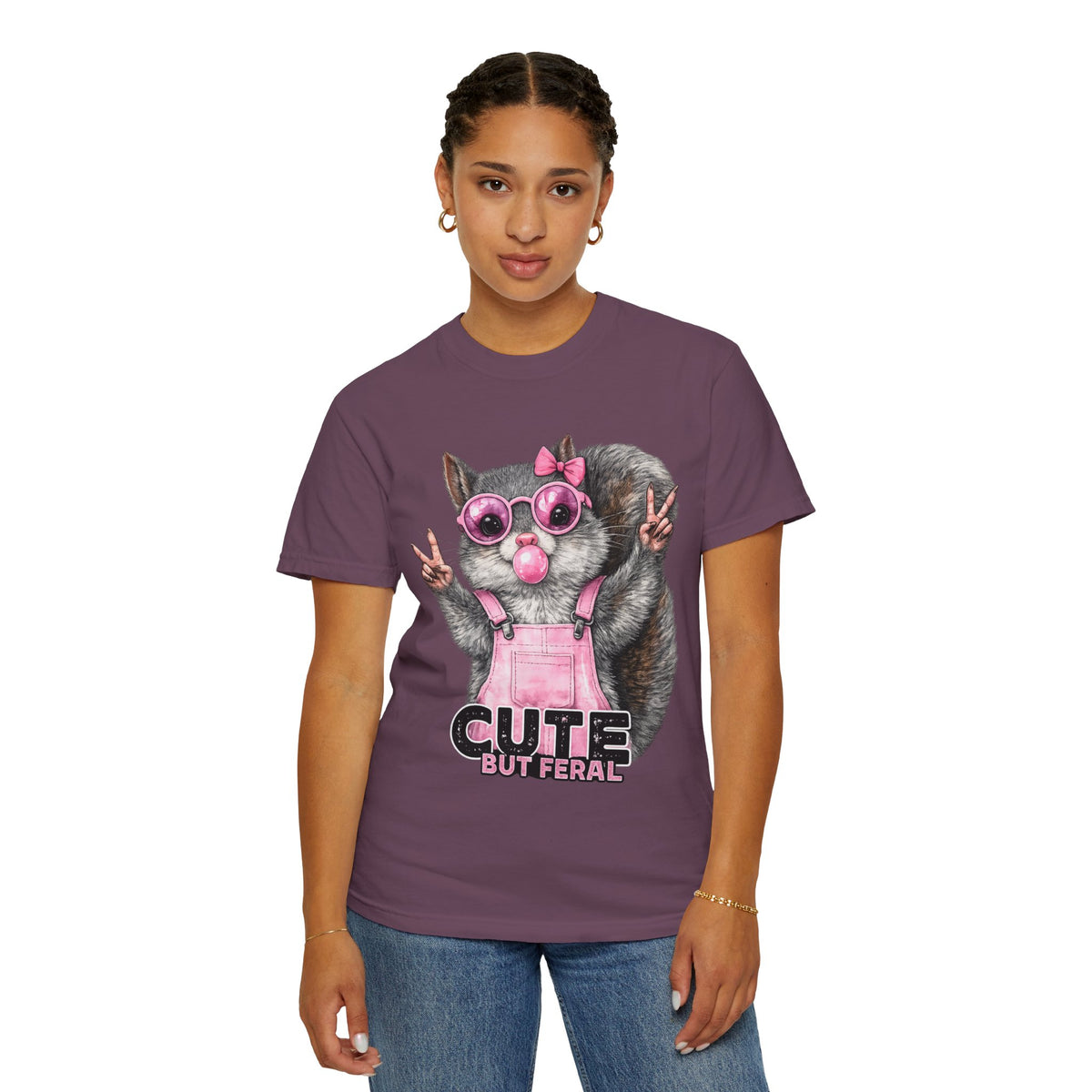 Cute But Feral, Squirrel in Pink Bibs - Comfort Colors | Trendy Women's T-Shirt. Direct to Garment. Printed & Shipped in the USA. Unisex Sizes.