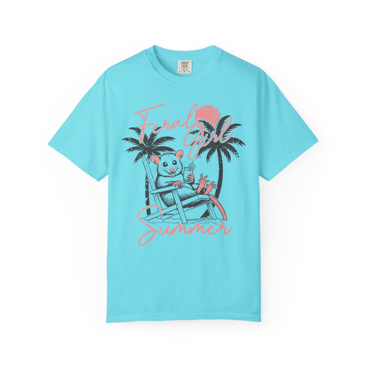 Feral Girl Summer, Possum on a Beach - Comfort Colors | Trendy Women's T-Shirt. Direct to Garment. Printed & Shipped in the USA. Unisex Sizes.
