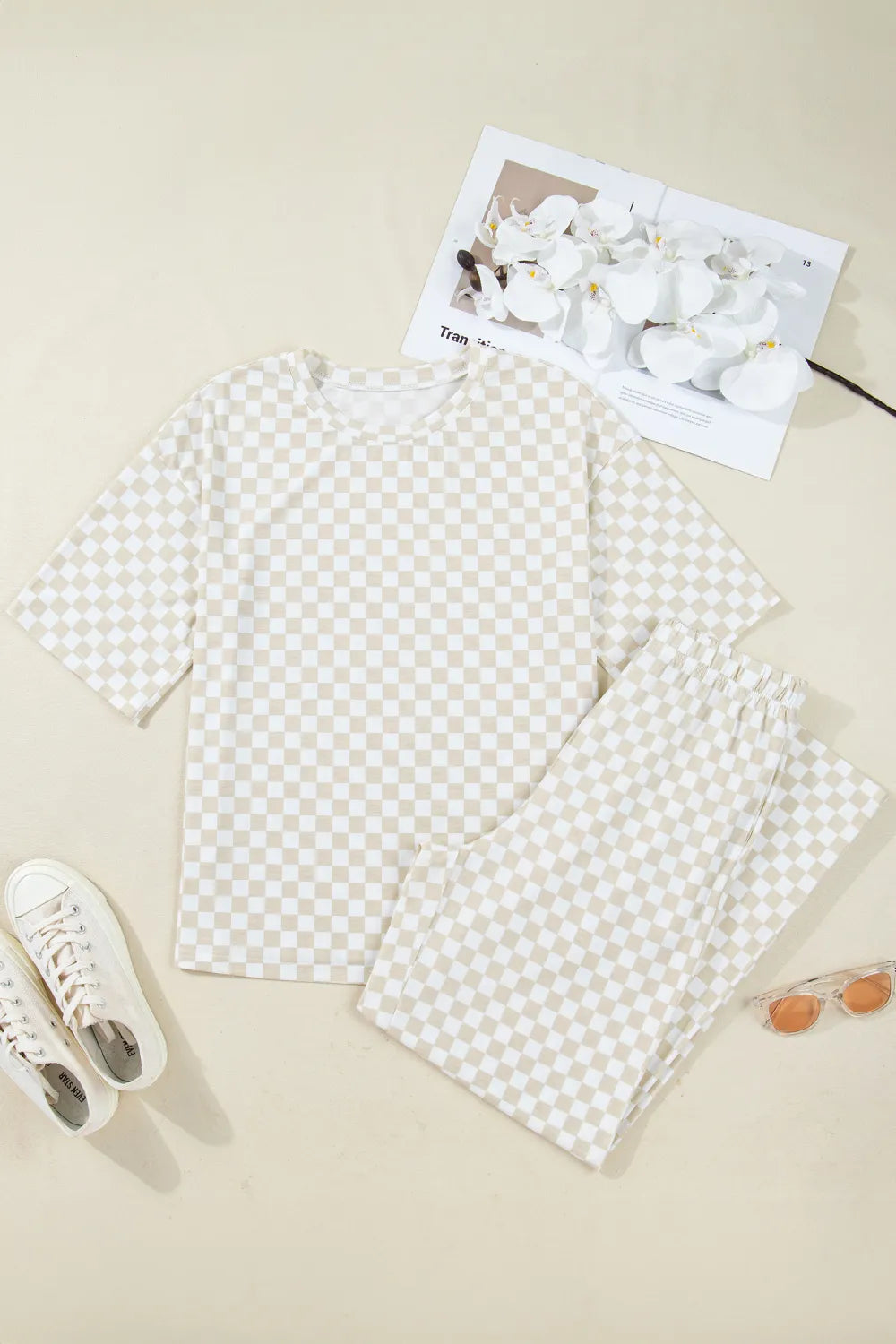 Khaki & White 2pc Checkered Print Half Sleeve Loungewear with Pockets