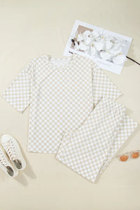 Khaki & White 2pc Checkered Print Half Sleeve Loungewear with Pockets