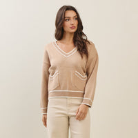 Alisha V-Neck (Beige) Contrast Trim Sweater w/Pockets