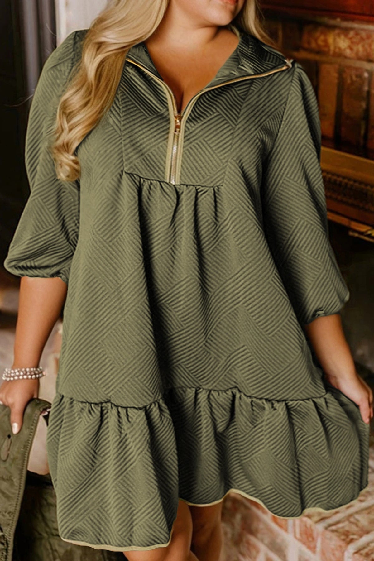 Green Quarter Zip Textured Dress with Classy Balloon Sleeves