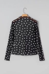 All-Over Black/White Polka Dot Mock Neck Mesh Long Sleeve Top