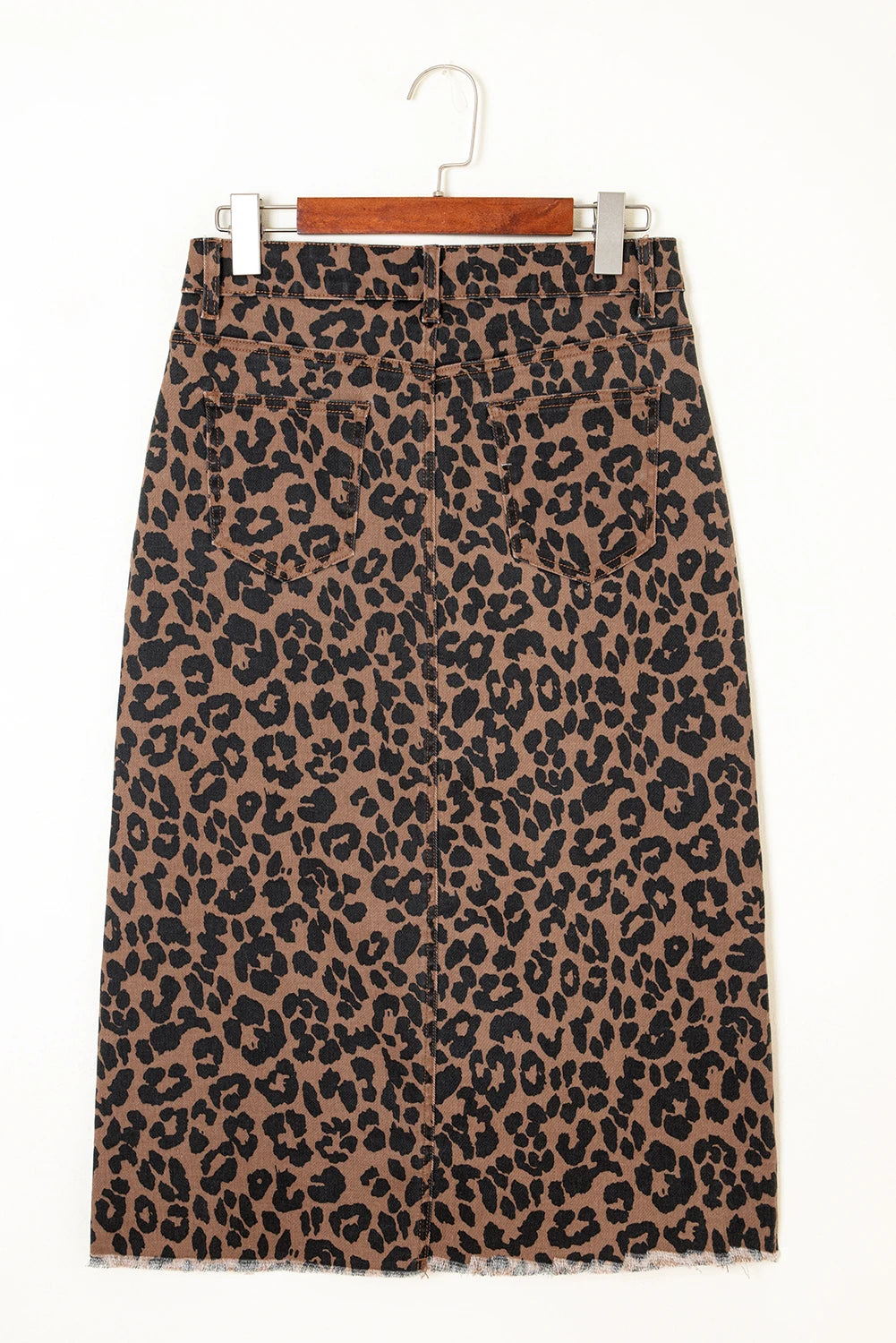 Brown Leopard Frayed-Bottom Denim Skirt with Slit