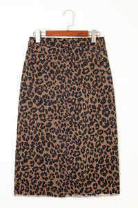 Brown Leopard Frayed-Bottom Denim Skirt with Slit