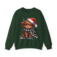 Cute Highland Cow Santa Hat Scarf Christmas Lights – Gildan Heavy Blend | Trendy Women’s Soft Sweatshirt. Direct to Garment. Printed & Shipped in the USA. Unisex Sizes.