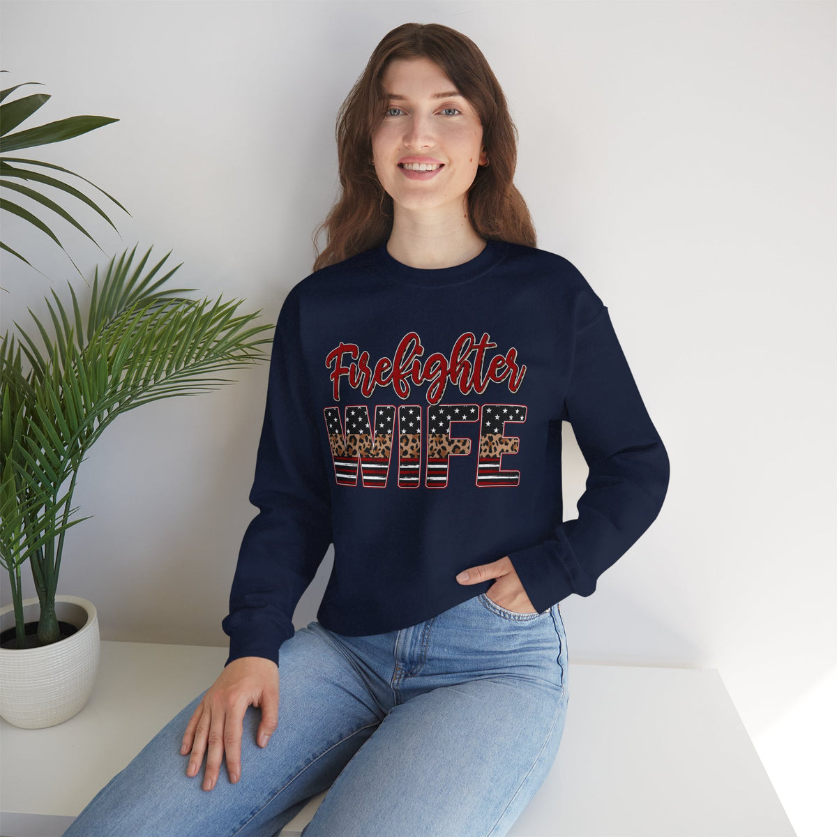 Firefighter Wife Patriotic Flag Lettering for Firefighter Spouse – Gildan Heavy Blend | Trendy Women’s Soft Sweatshirt. Direct to Garment. Printed & Shipped in the USA. Unisex Sizes.