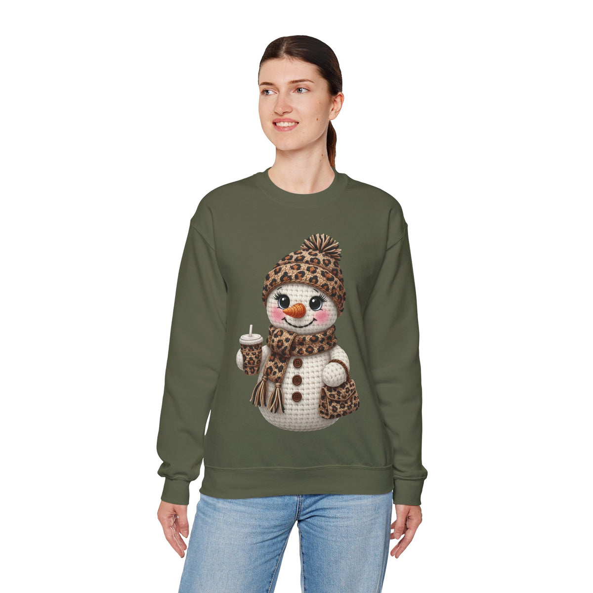 Leopard Snowman - Leopard Purse, Drink, Hat & Scarf – Gildan Heavy Blend | Trendy Women’s Soft Sweatshirt. Direct to Garment. Printed & Shipped in the USA. Unisex Sizes.