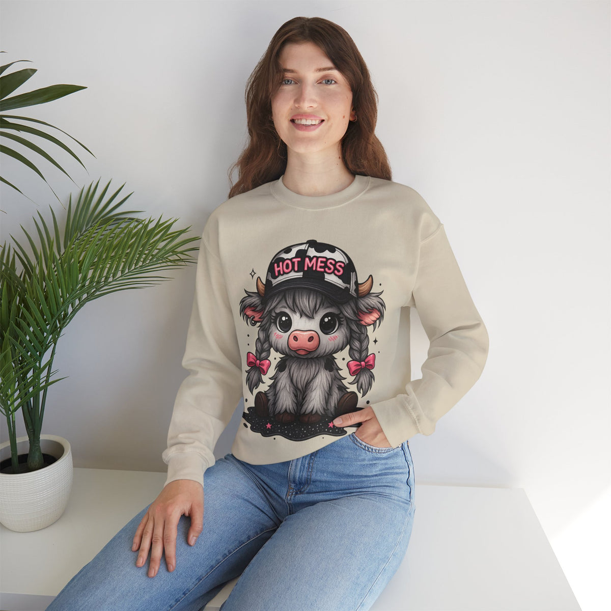 Cute Highland Cow 'Hot Mess' In Braids – Gildan Heavy Blend | Trendy Women’s Soft Sweatshirt. Direct to Garment. Printed & Shipped in the USA. Unisex Sizes.
