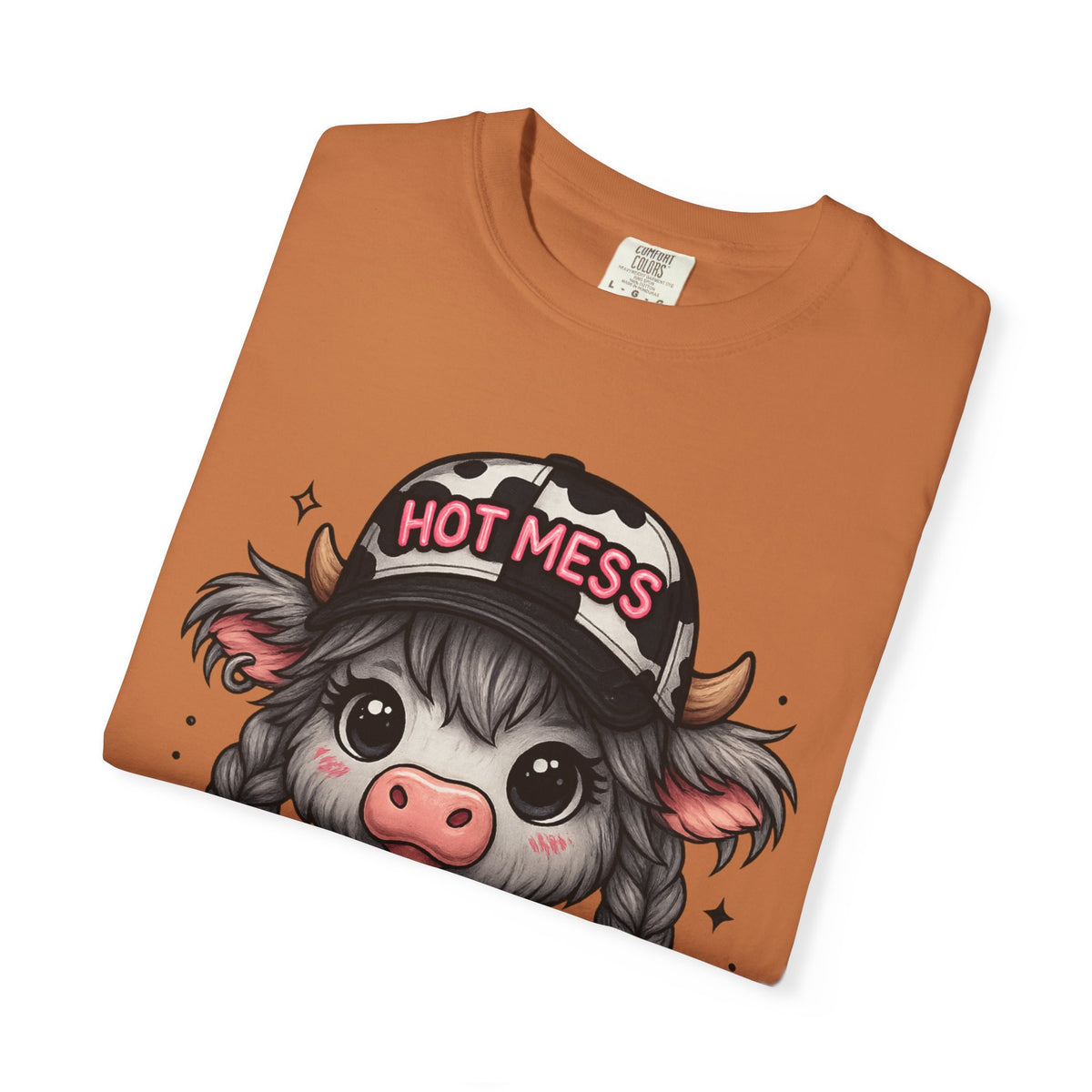 Cute Highland Cow 'Hot Mess' In Braids  - Comfort Colors | Trendy Women's T-Shirt. Direct to Garment. Printed & Shipped in the USA. Unisex Sizes.
