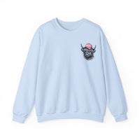 Head Heffa Highland Cow, Front & Back Print – Gildan Heavy Blend | Trendy Women’s Soft Sweatshirt. Direct to Garment. Printed & Shipped in the USA. Unisex Sizes.